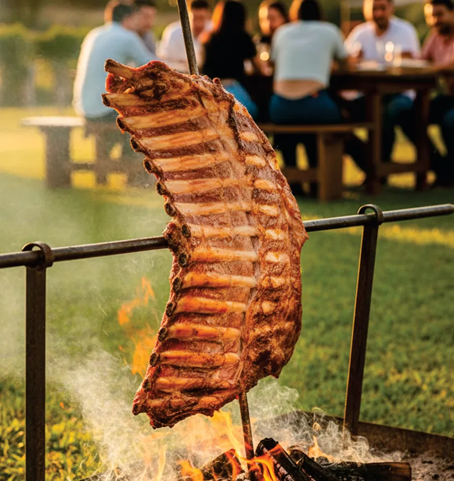 Costela assando espetada no fogo de chão, com as mesas do evento ao fundo