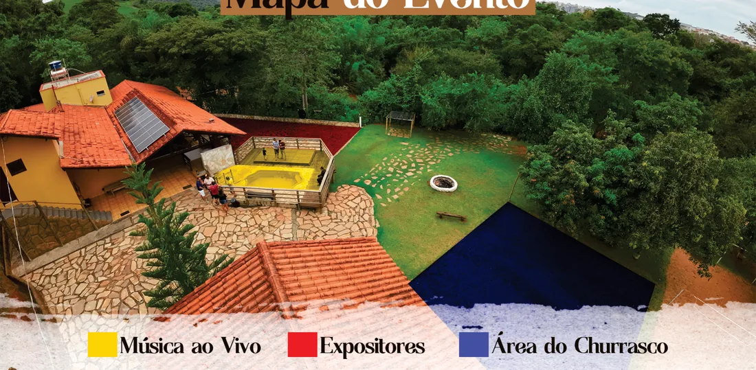 Vista aérea do Recanto da Família com as áreas do evento marcadas: música ao vivo, expositores e área do churrasco